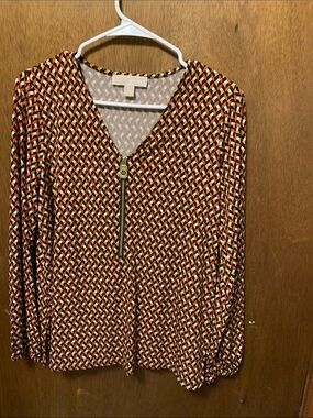 MICHAEL Michael Kors Orange, Black & Cream Geometric Zip V-Neck Long Sleeve Top